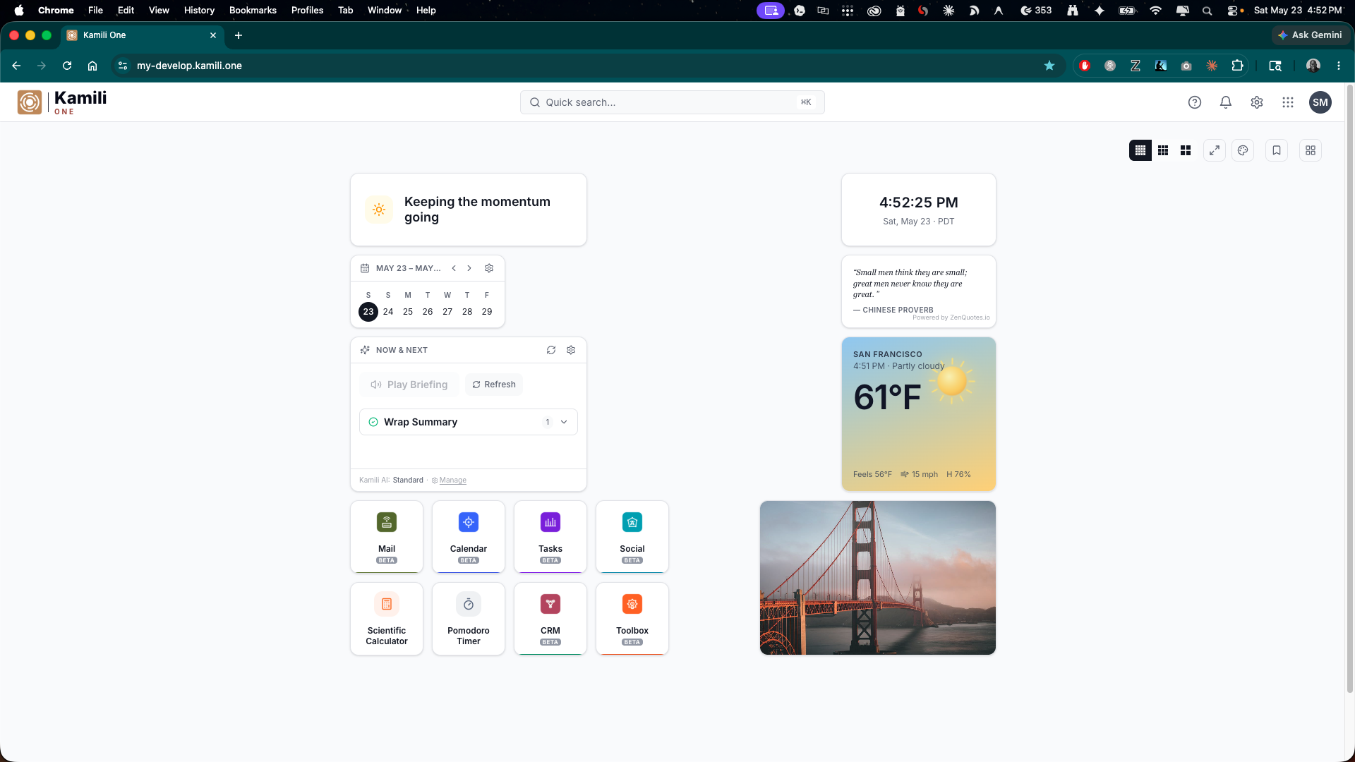 Kamili One Dashboard — widgets, search, and active apps in one view