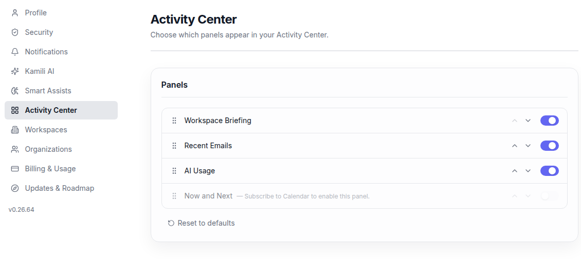 Example Activity Center settings showing the panel controls