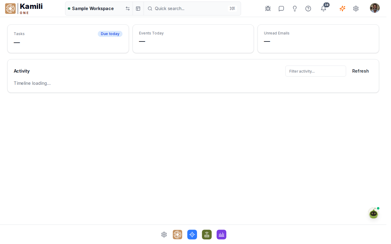 Kamili One Dashboard layout with active workspace, quote tile, and quick action widgets