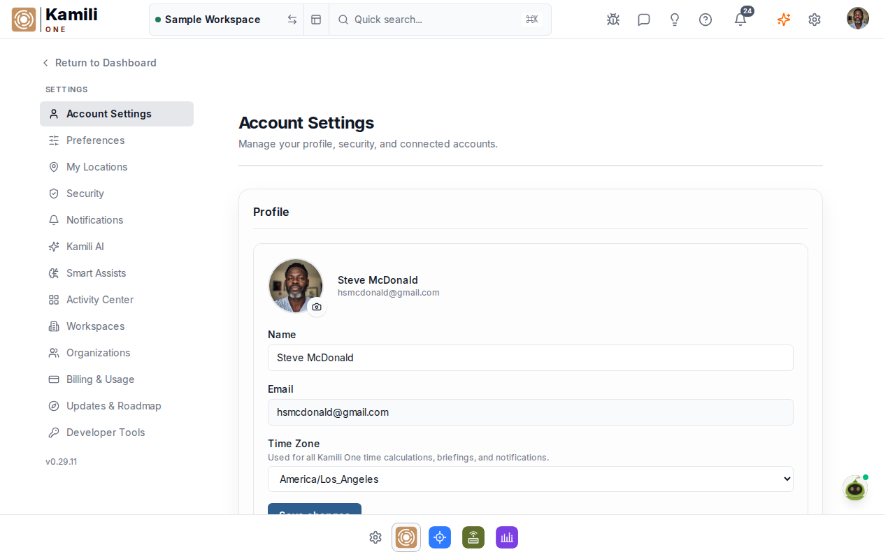 Settings overview showing general workspace settings and preferences