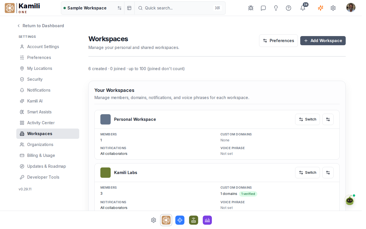 Example Workspaces settings with workspace cards and switching controls